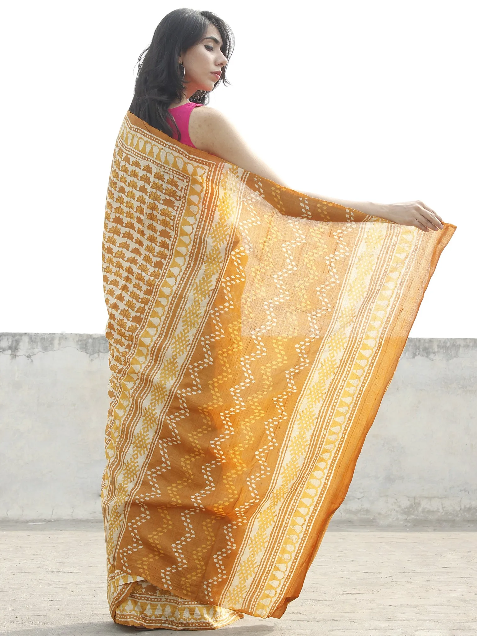 Tussar Handloom Silk Hand Block Printed Saree in Mustard Yellow & Beige  - S031702566