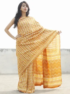 Tussar Handloom Silk Hand Block Printed Saree in Mustard Yellow & Beige  - S031702566