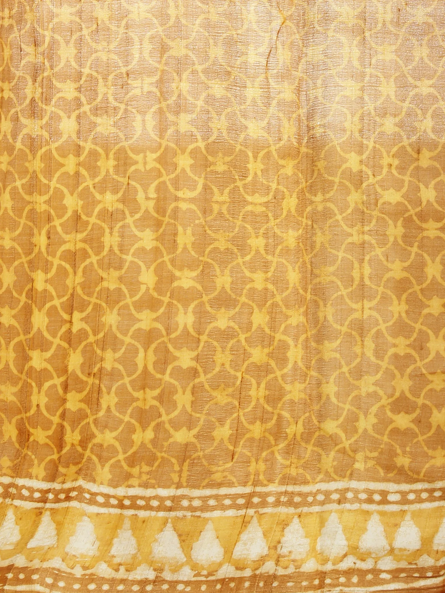 Tussar Handloom Silk Hand Block Printed Saree in Mustard Yellow & Beige  - S031702566