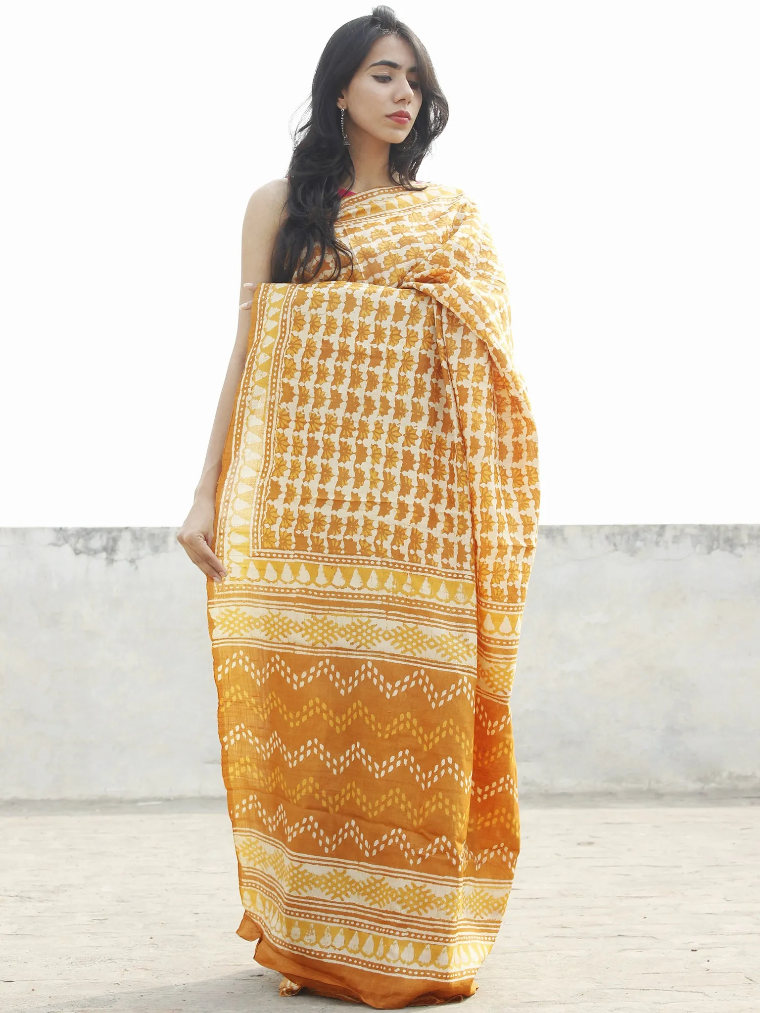 Tussar Handloom Silk Hand Block Printed Saree in Mustard Yellow & Beige  - S031702566