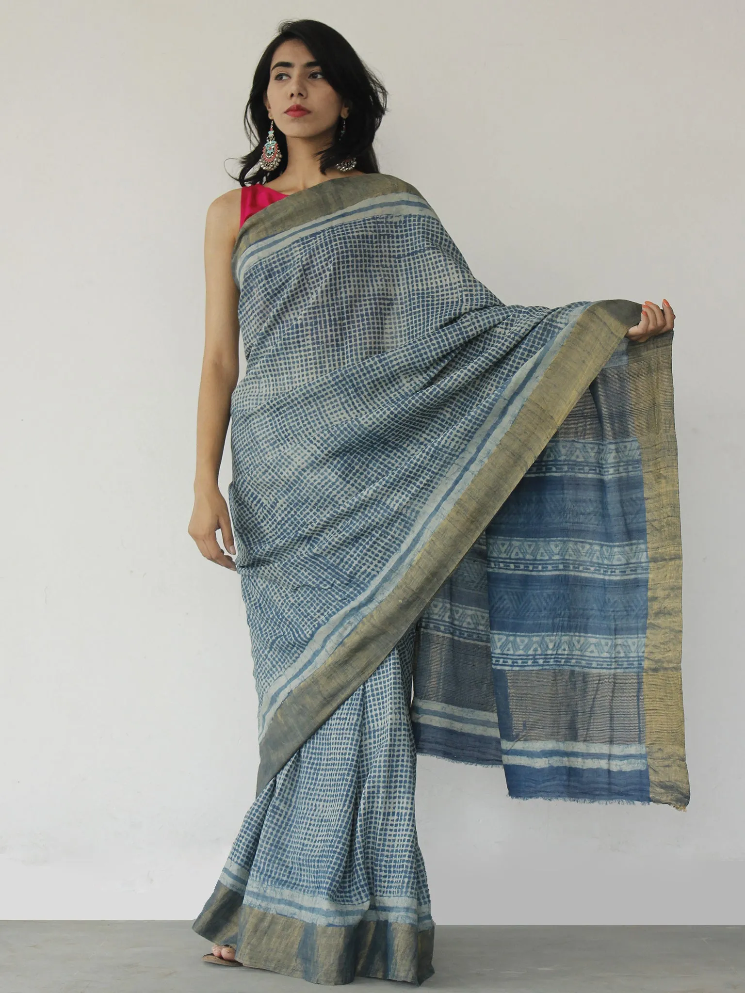 Tussar Handloom Silk Hand Printed Saree in Indigo Ivory - S031702534