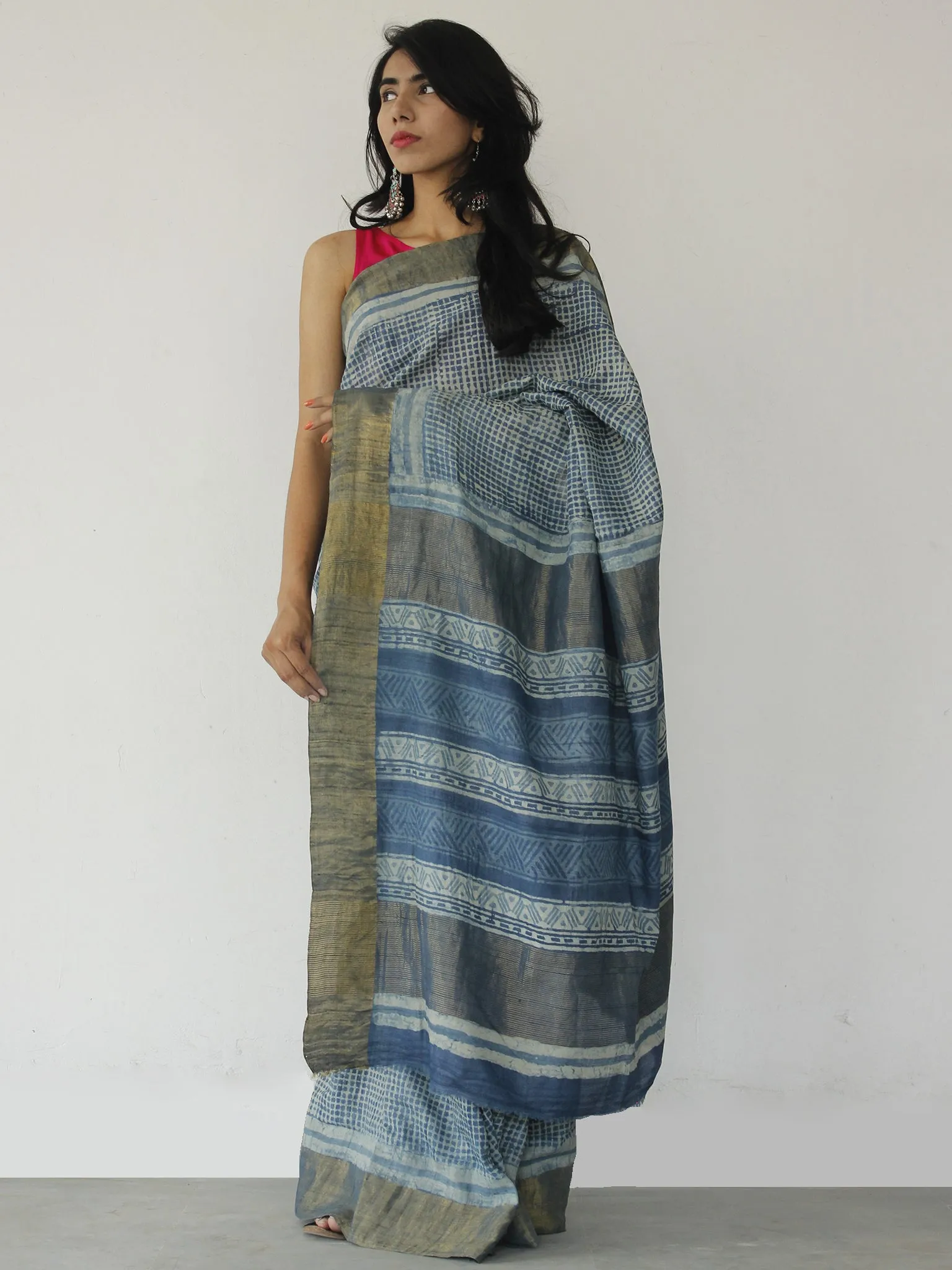 Tussar Handloom Silk Hand Printed Saree in Indigo Ivory - S031702534