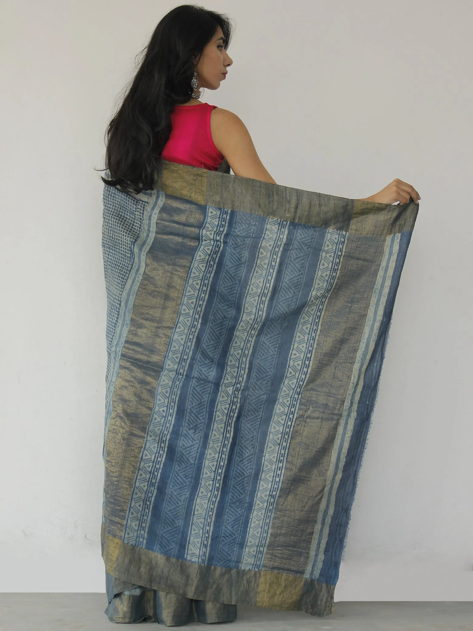 Tussar Handloom Silk Hand Printed Saree in Indigo Ivory - S031702534