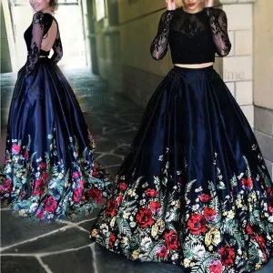 two piece prom dresses 2020 printed lace appliqué long sleeve satin elegant prom gown vestido de Longo