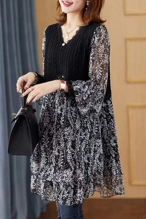 V Nack Lace Hem Blouse