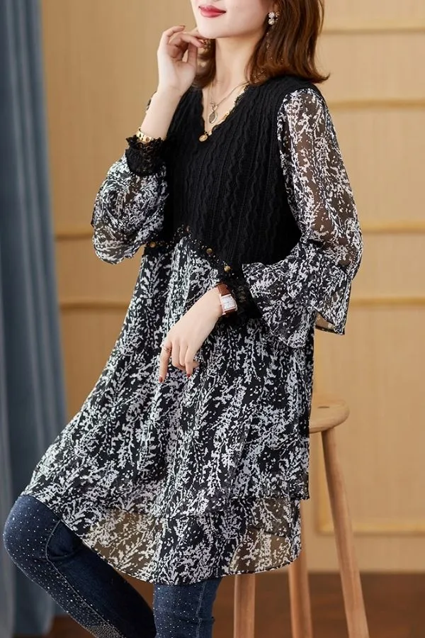 V Nack Lace Hem Blouse