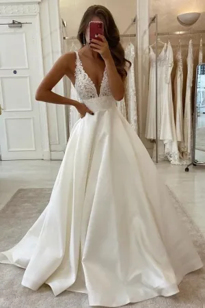 V-neck Satin Appliqued Bridal Dresses Wedding vestido de novia simple