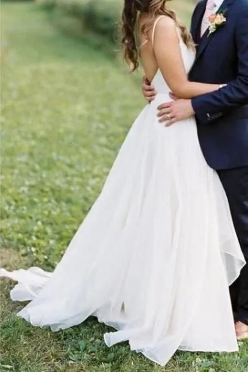 V-neckline Simple Boho Beach Wedding Dress Organza