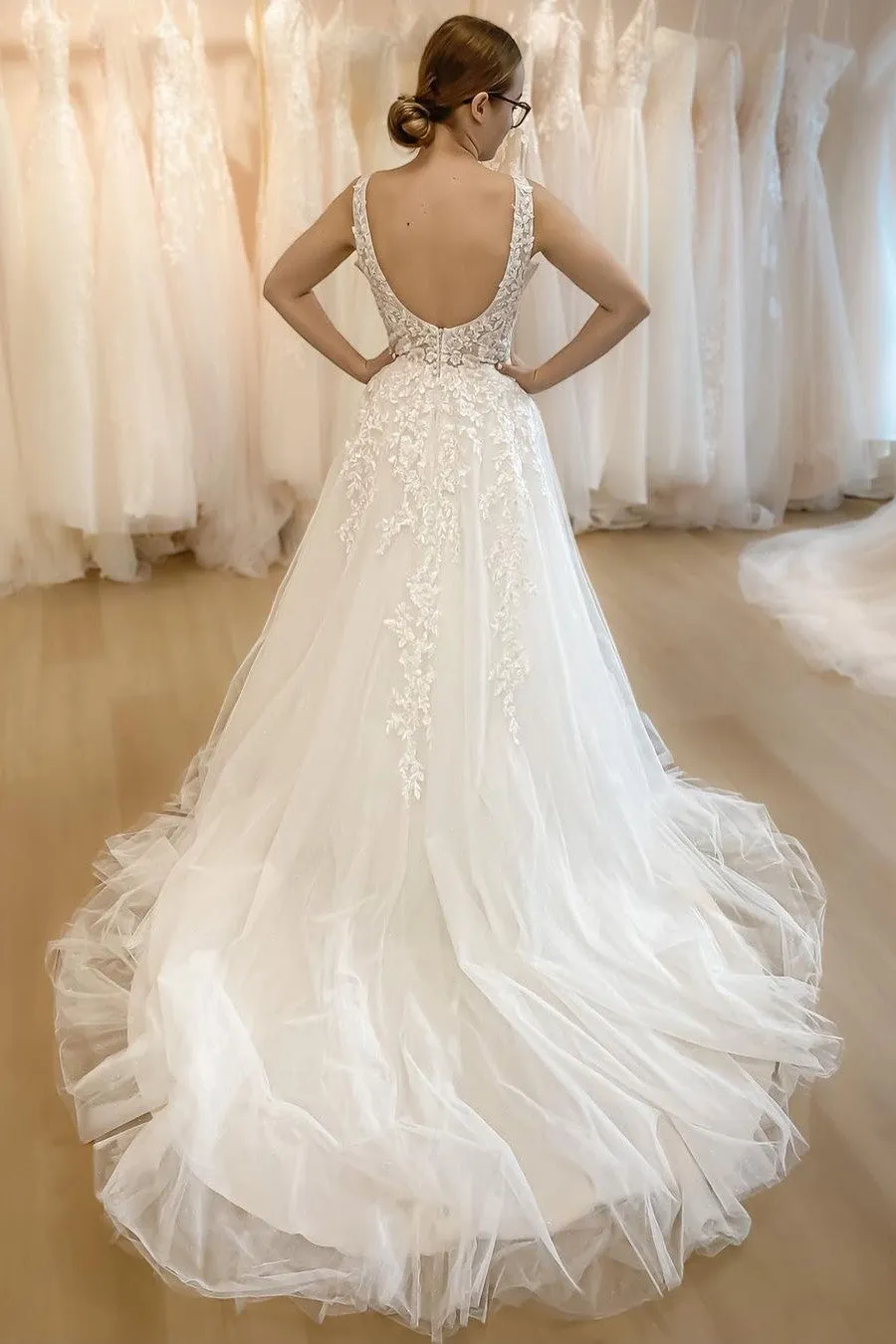 V-neckline Tulle Bridal Gown with Lace Bodice