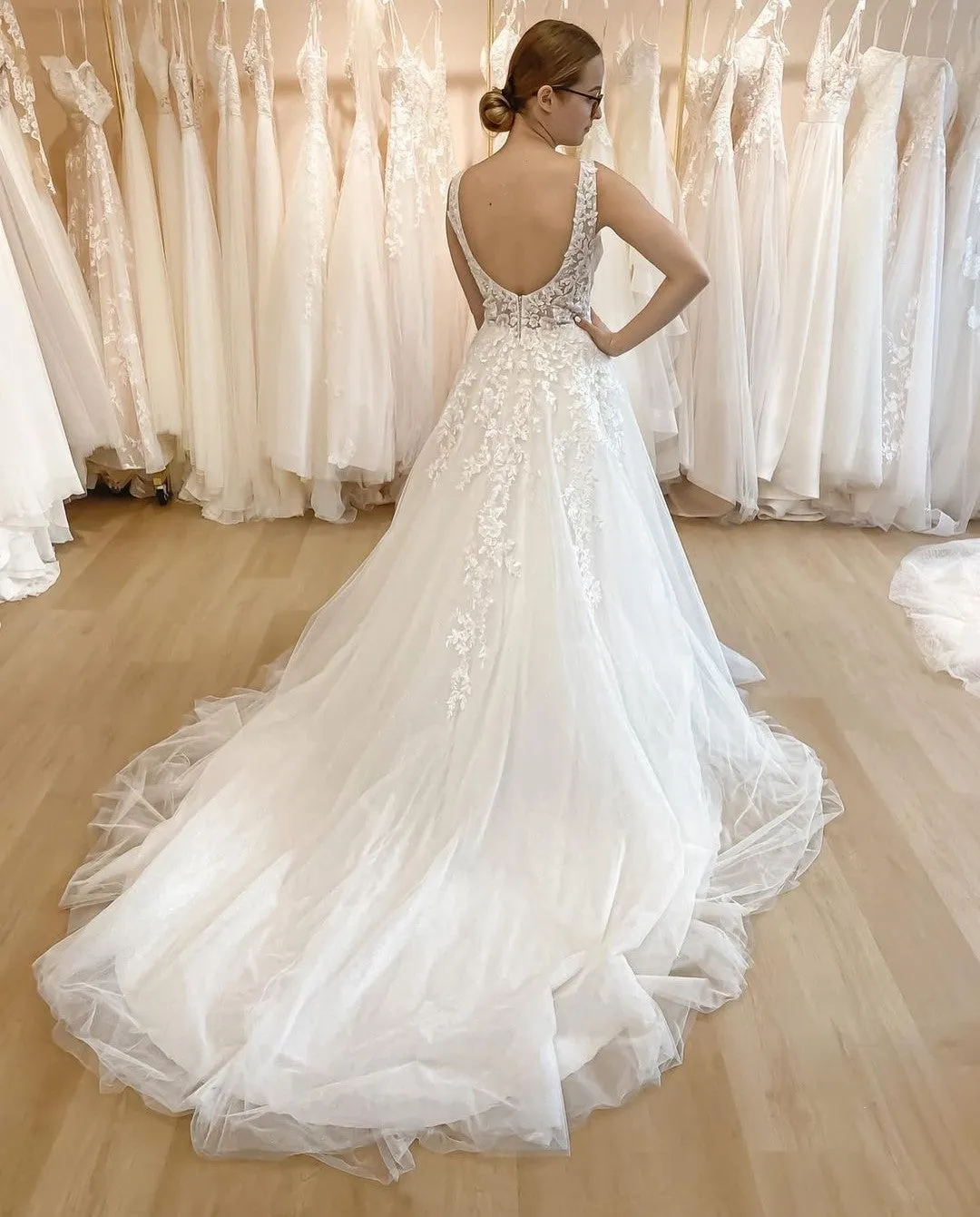 V-neckline Tulle Bridal Gown with Lace Bodice