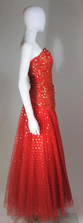 VICTOR COSTA Red Layered Mesh Gown with Gold Sequins Size 8