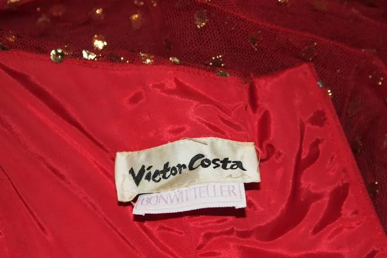 VICTOR COSTA Red Layered Mesh Gown with Gold Sequins Size 8