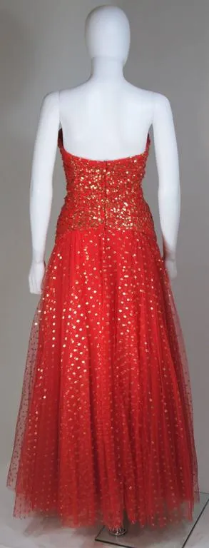 VICTOR COSTA Red Layered Mesh Gown with Gold Sequins Size 8