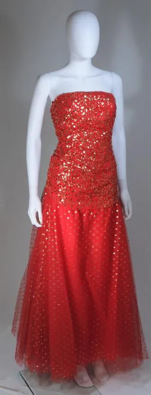 VICTOR COSTA Red Layered Mesh Gown with Gold Sequins Size 8