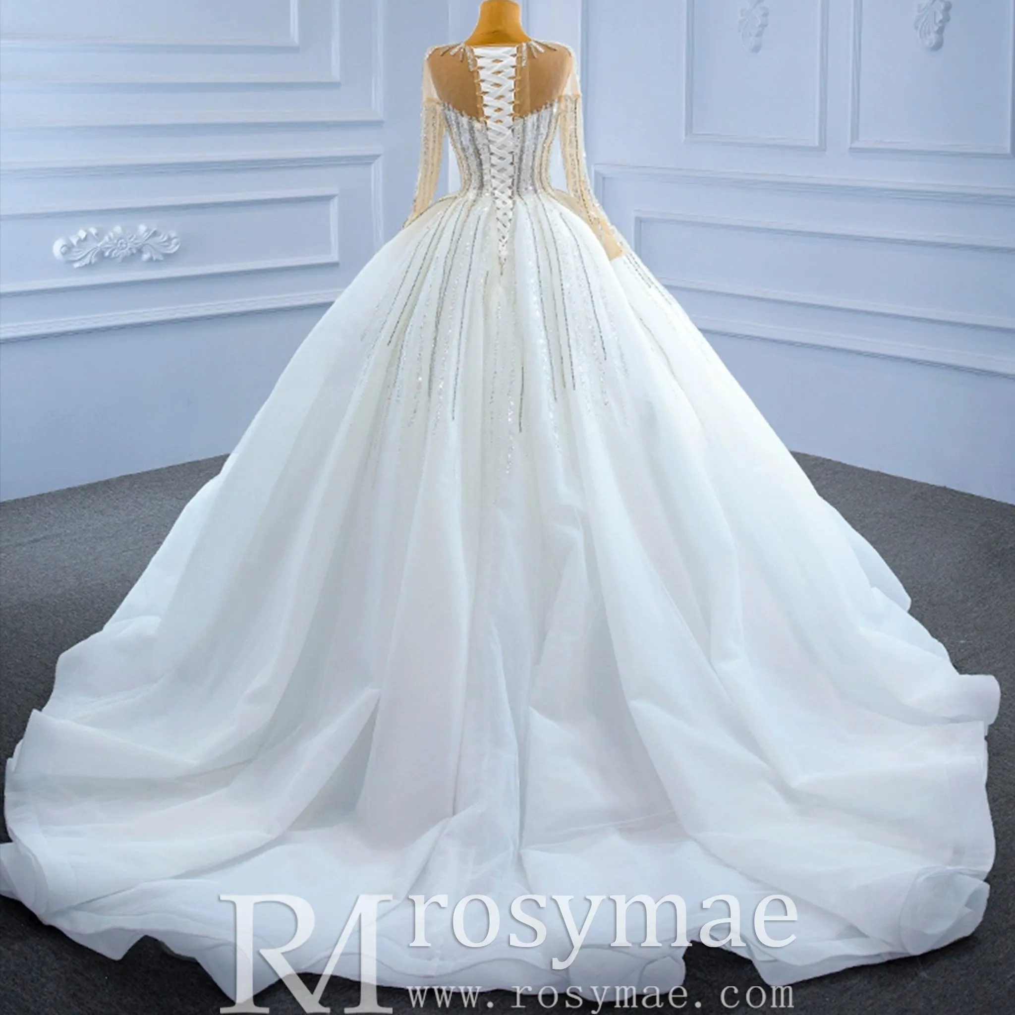 Vintage Beaded Ball Gown Puffy Wedding Dress with Long Sleeve