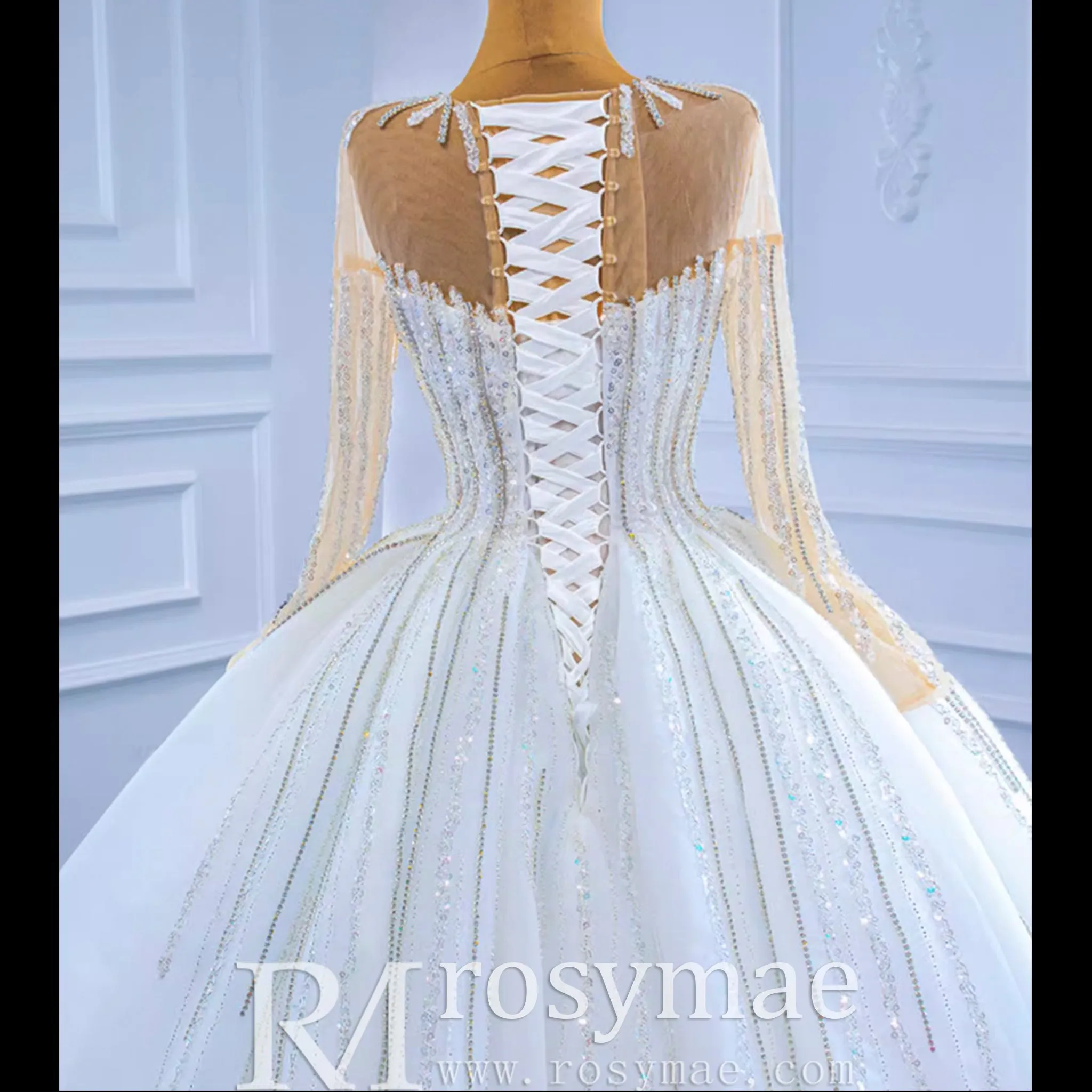Vintage Beaded Ball Gown Puffy Wedding Dress with Long Sleeve