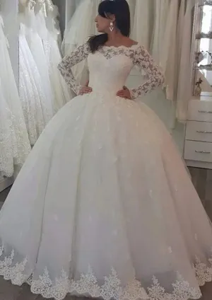 Vintage Lace Appliques Off The Shoulder Wedding Dresses Ball Gown Long Sleeves Wedding Gowns Bride Dress