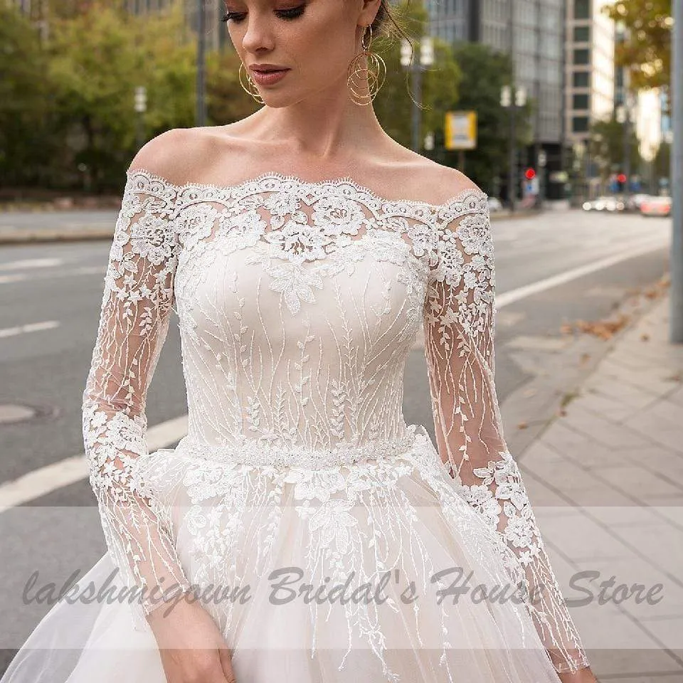 Vintage Lace Bride Dress Off Shoulder Princess Wedding Gowns