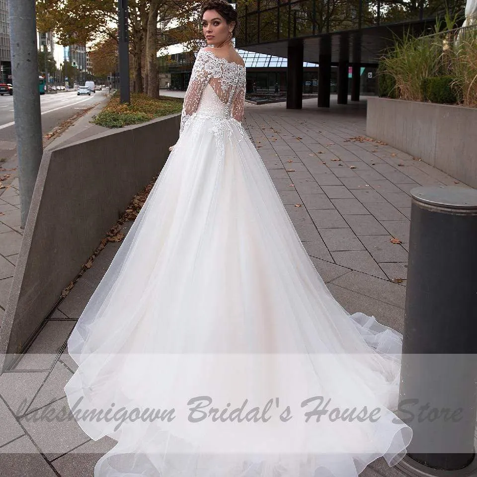 Vintage Lace Bride Dress Off Shoulder Princess Wedding Gowns