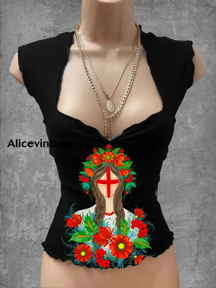 Vintage Mexican Floral Art Print V-Neck Casual Top