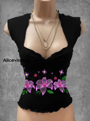 Vintage Mexican Floral Art Print V-Neck Casual Top