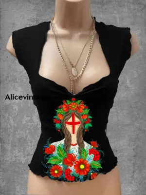 Vintage Mexican Floral Art Print V-Neck Casual Top