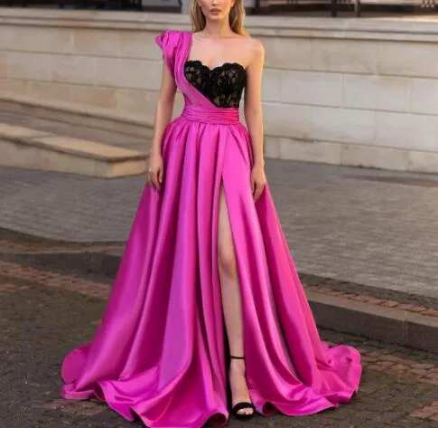 vintage prom dresses long one shoulder hot pink lace applique beaded prom gowns vestidos de fiesta