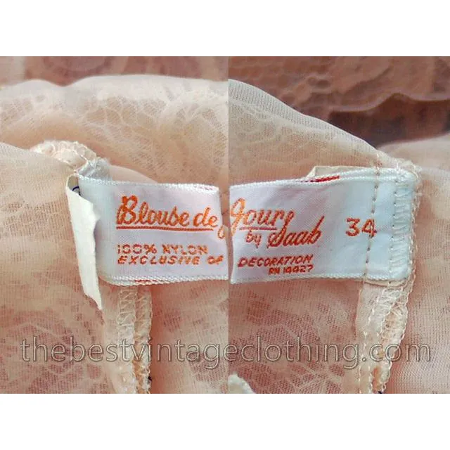 Vintage Saab 1950s Lace Blouse Sheer Short Sleeves Nice Details Sz 34