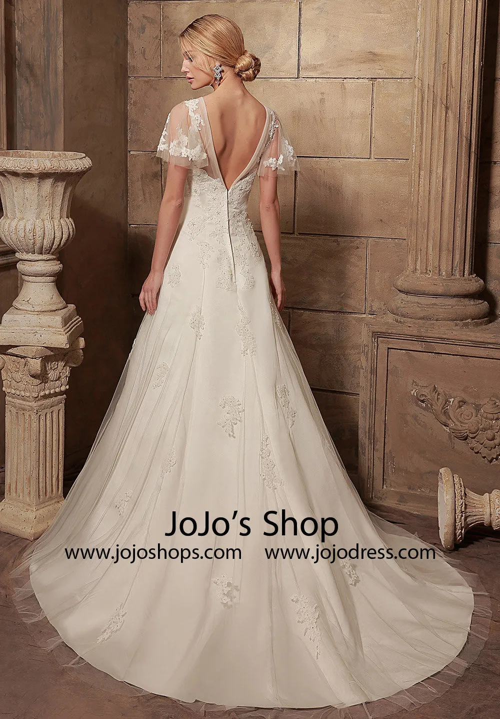 Vintage Style Modest Lace Wedding Dress with Butterfly Sleeves | HL1012