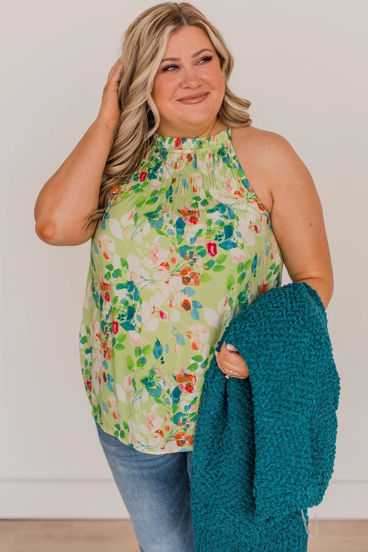 Watch Me Bloom Floral Tank Top- Lime Green