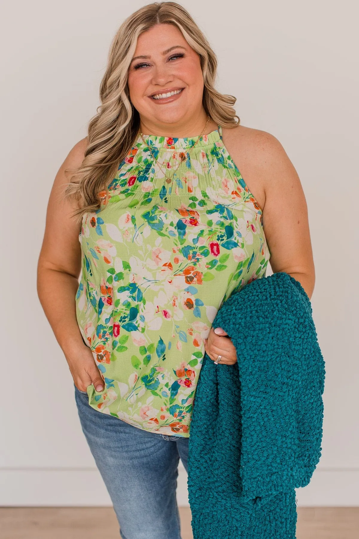 Watch Me Bloom Floral Tank Top- Lime Green