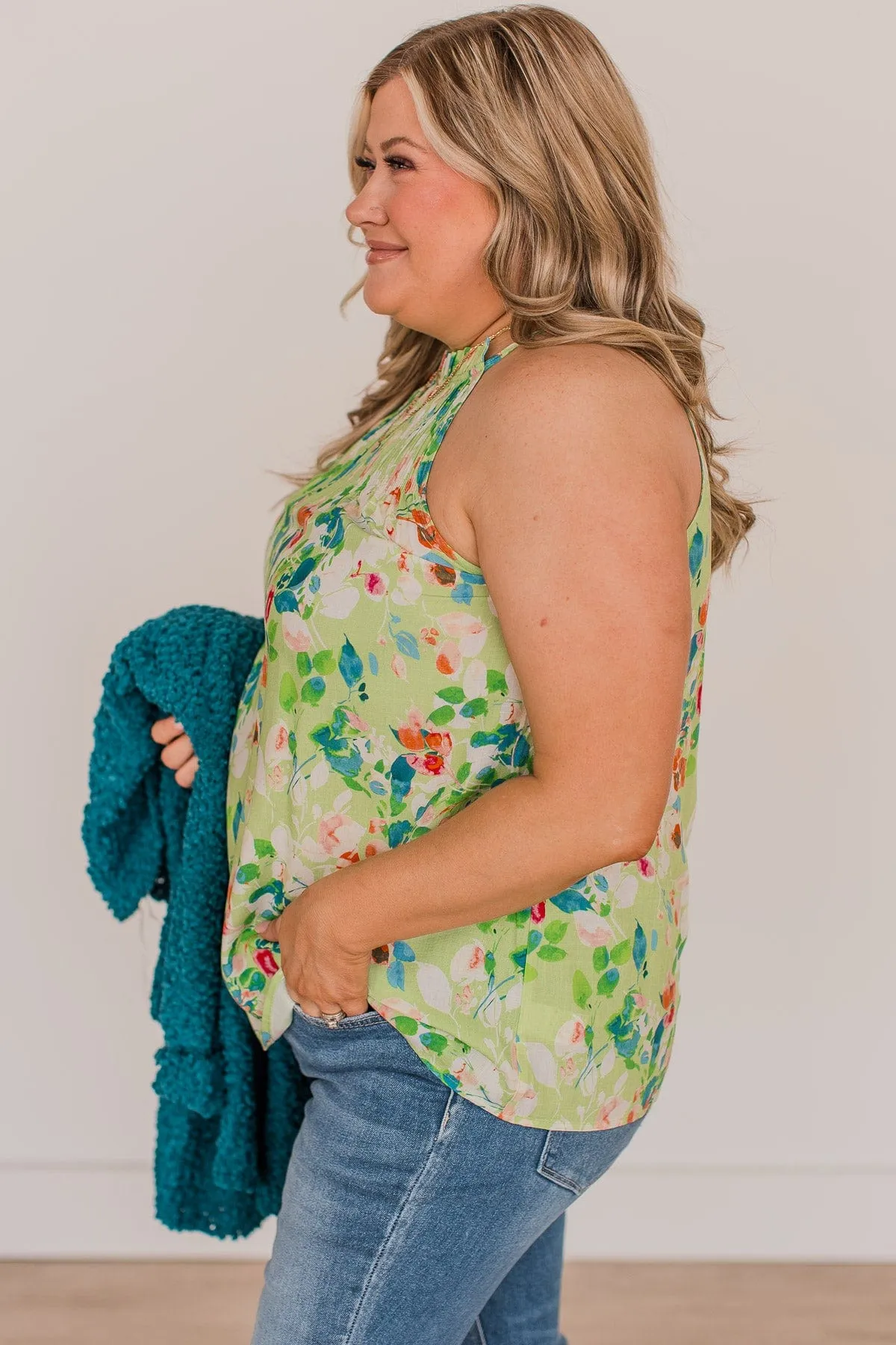 Watch Me Bloom Floral Tank Top- Lime Green