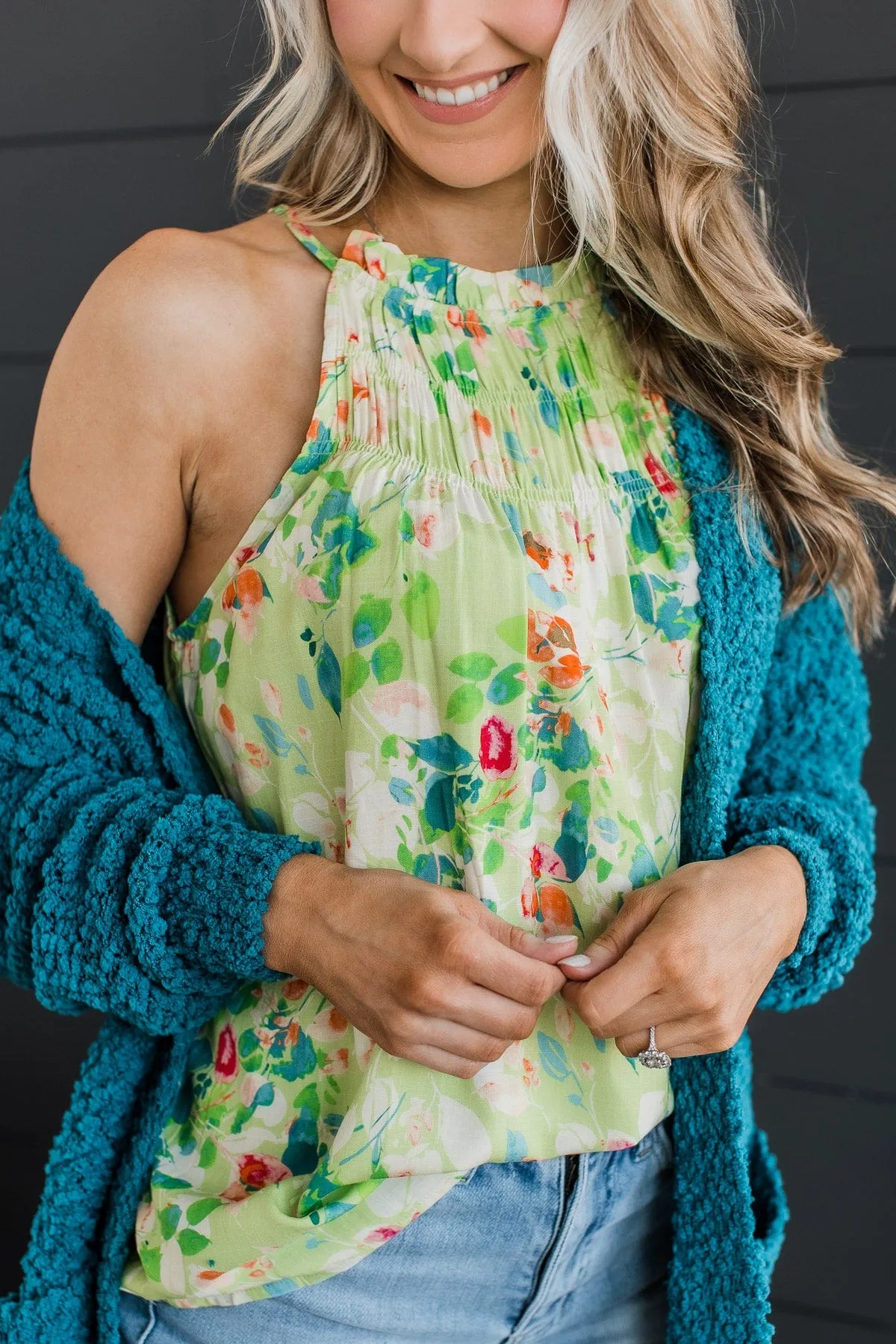 Watch Me Bloom Floral Tank Top- Lime Green
