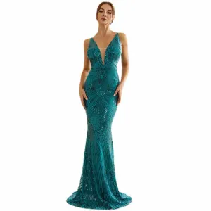 Wedding Sleeveless Green Sequins Hip Wrap Fishtail Prom Dress