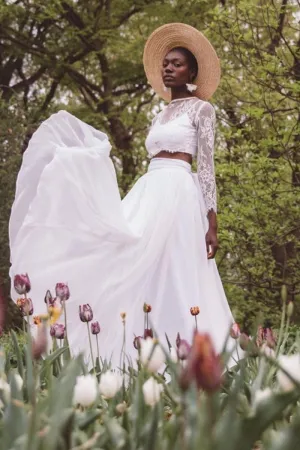 White Lace Seperates Long-Sleeve Wedding Gown with Chiffon Skirt