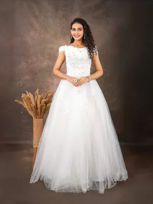 White Net Gown Embellished with Floral Thread Work Embroidery