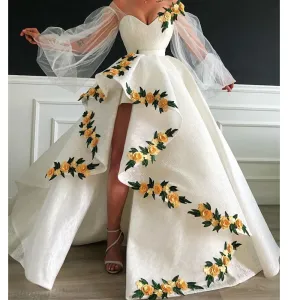 white prom dresses long flare sleeve embroidery appliqué elegant puffy arabic prom gowns abendkleider
