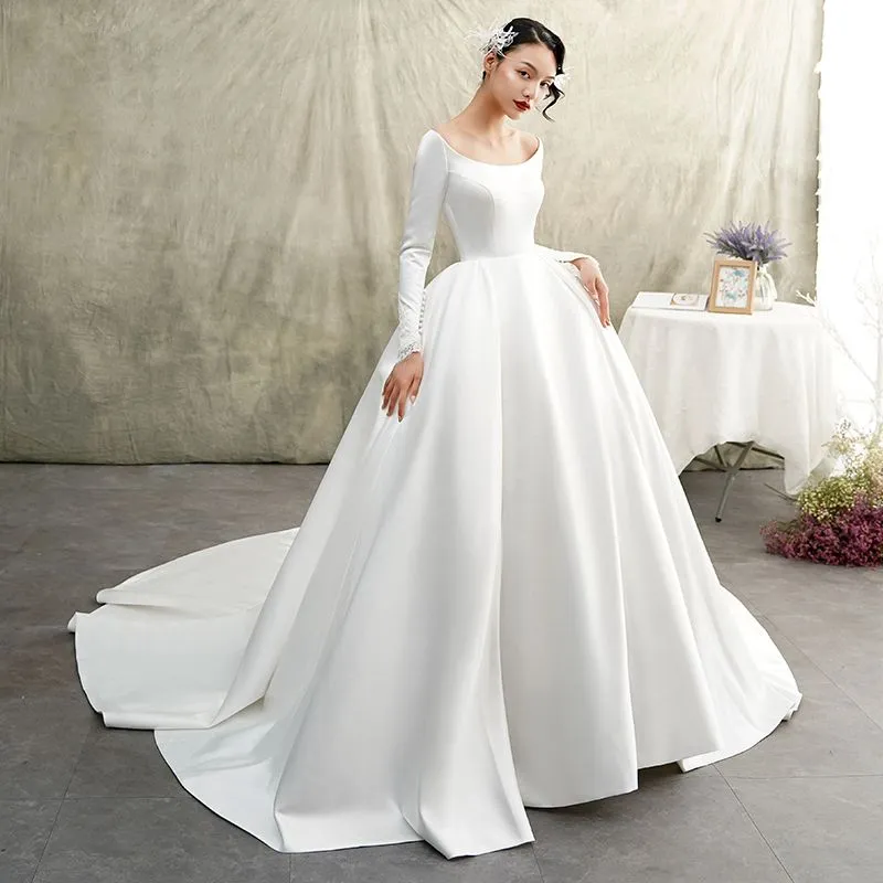White Satin Ball Gown Full Sleeve Wedding Dress with Wide Neckline