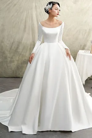 White Satin Ball Gown Full Sleeve Wedding Dress with Wide Neckline