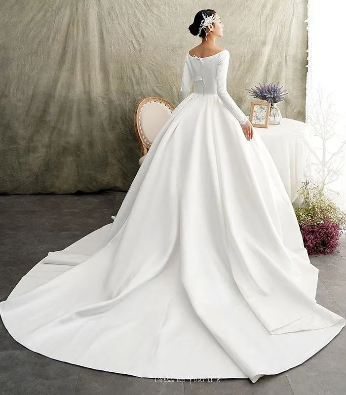 White Satin Ball Gown Full Sleeve Wedding Dress with Wide Neckline