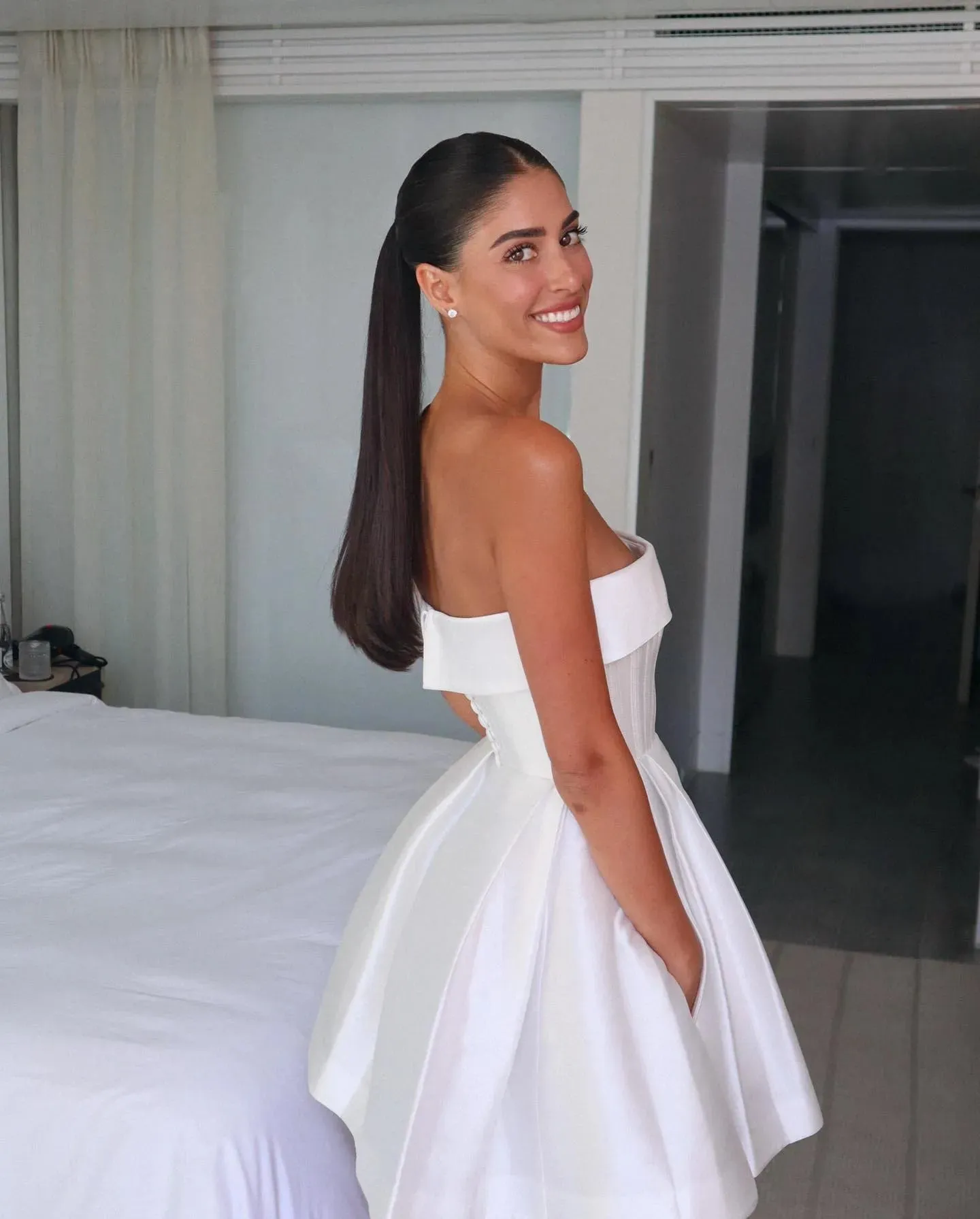 White Satin Strapless Wedding Party Dresses with Pockets A Line Short Ball Gowns Bride Dress Back Lace Up