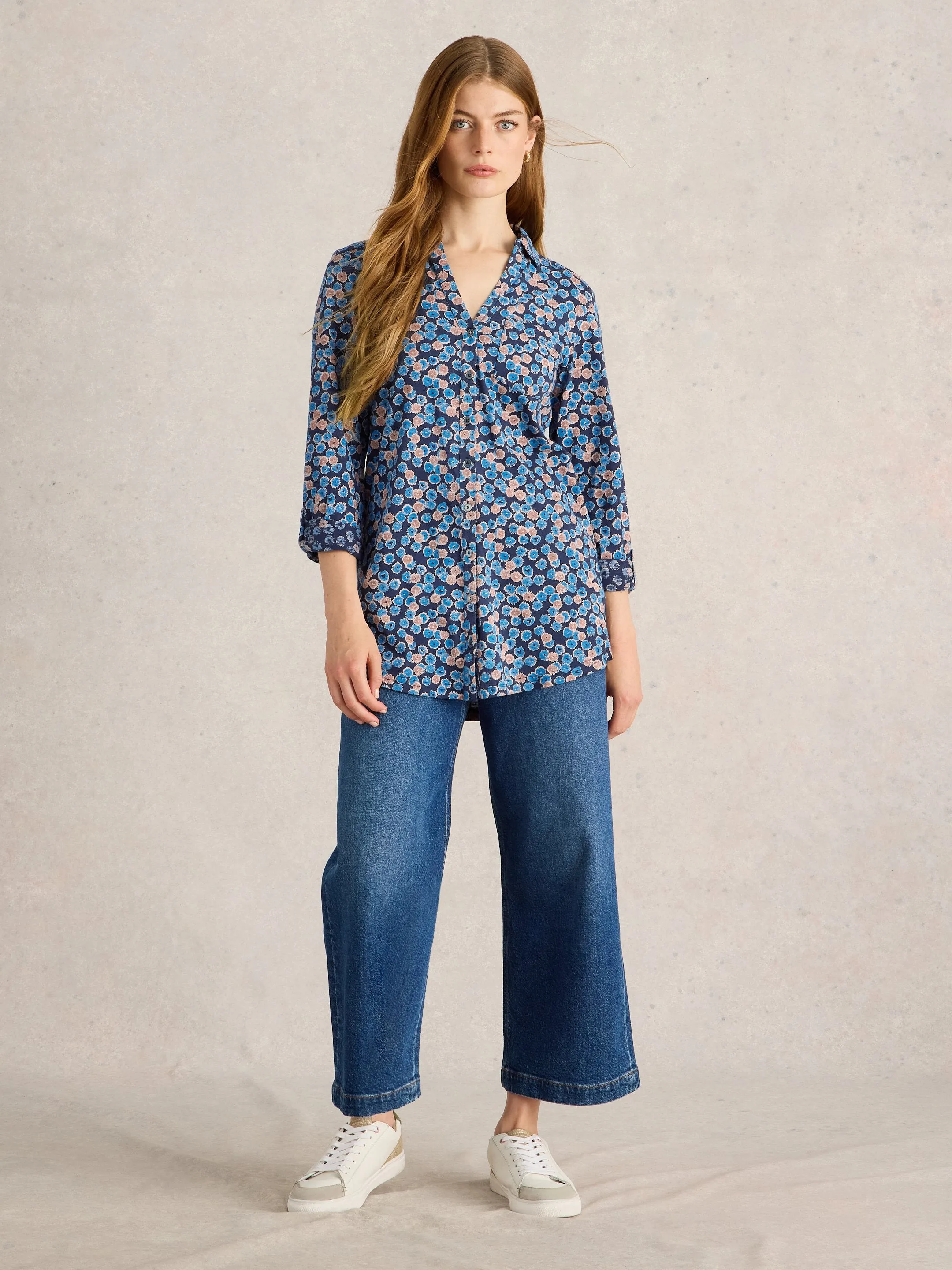 White Stuff UK Annie Longline Shirt Blue Print