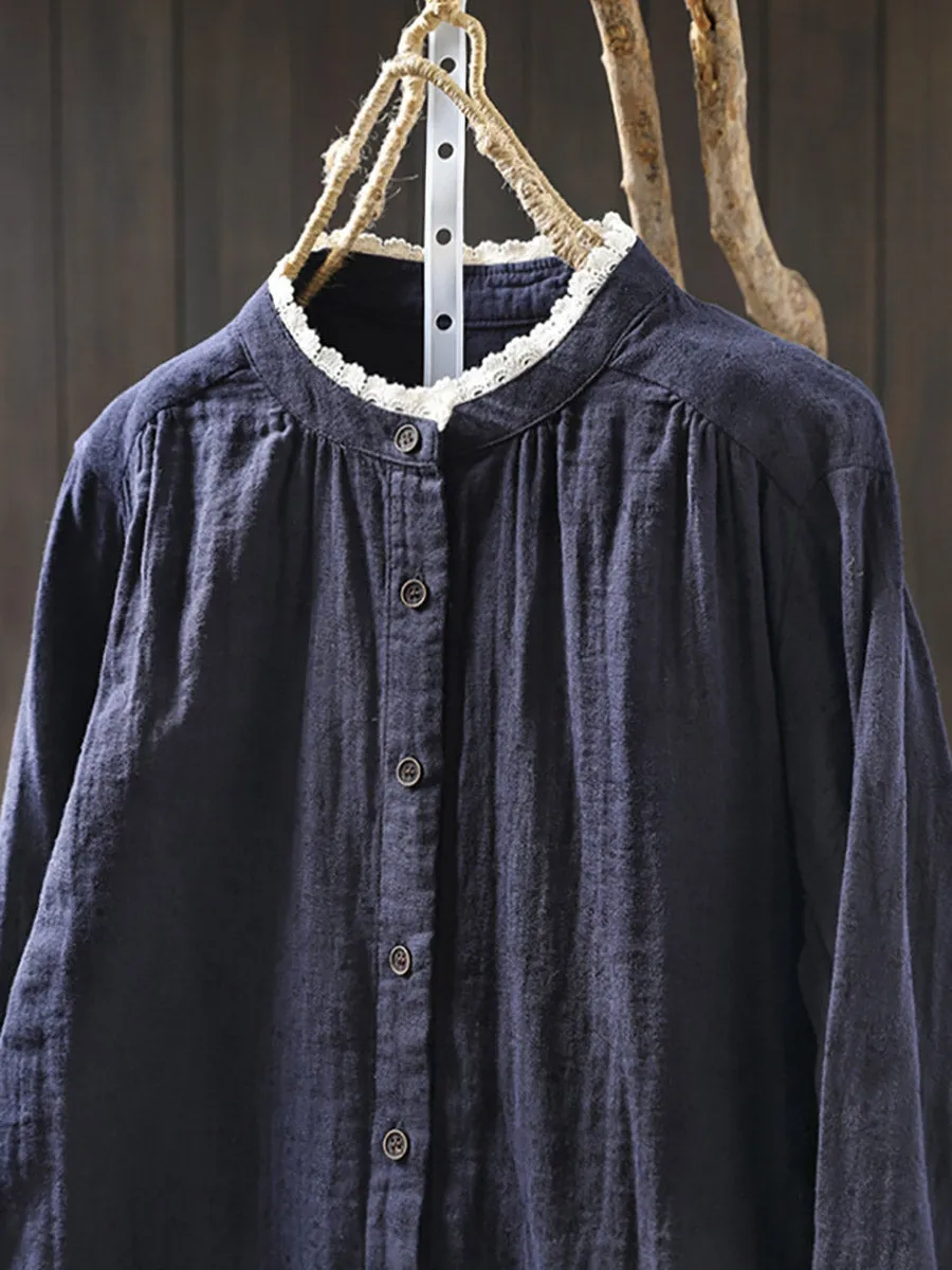 Women Autumn Floral 100%Cotton Lace Collar Shirt