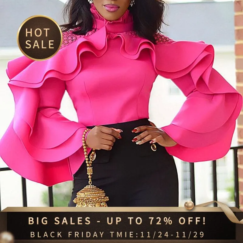 Women Blouse Tops Slim Autumn Street Beat Shirts Blousa African Ruffle Sleeve Party Club Office Lady Fashion Falbala Pullover