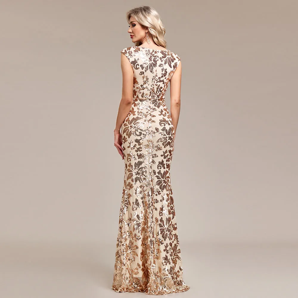 Women Formal Mermaid Evening Dress Gold Sequin Party Dresss