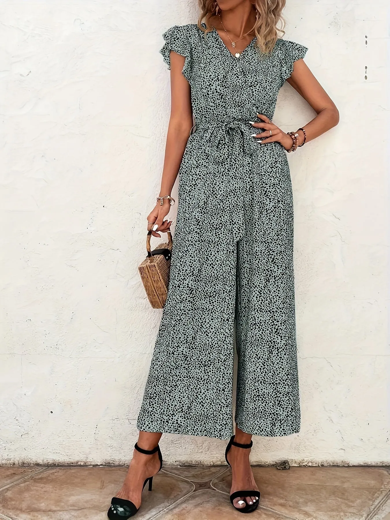 Women Jumpsuit, Elegant Ruffle Sleeve Tie Waist Wide Leg Jumpsuits