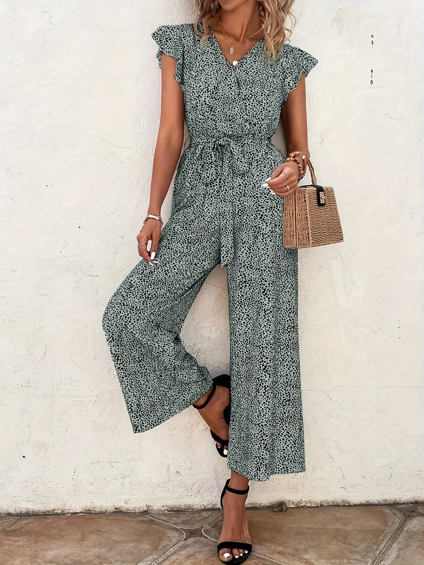 Women Jumpsuit, Elegant Ruffle Sleeve Tie Waist Wide Leg Jumpsuits