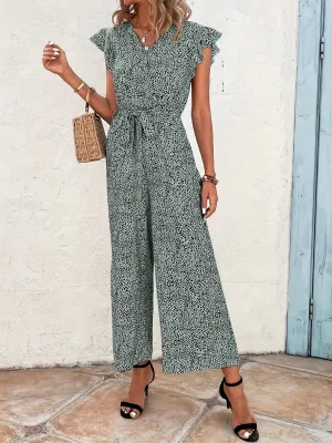 Women Jumpsuit, Elegant Ruffle Sleeve Tie Waist Wide Leg Jumpsuits