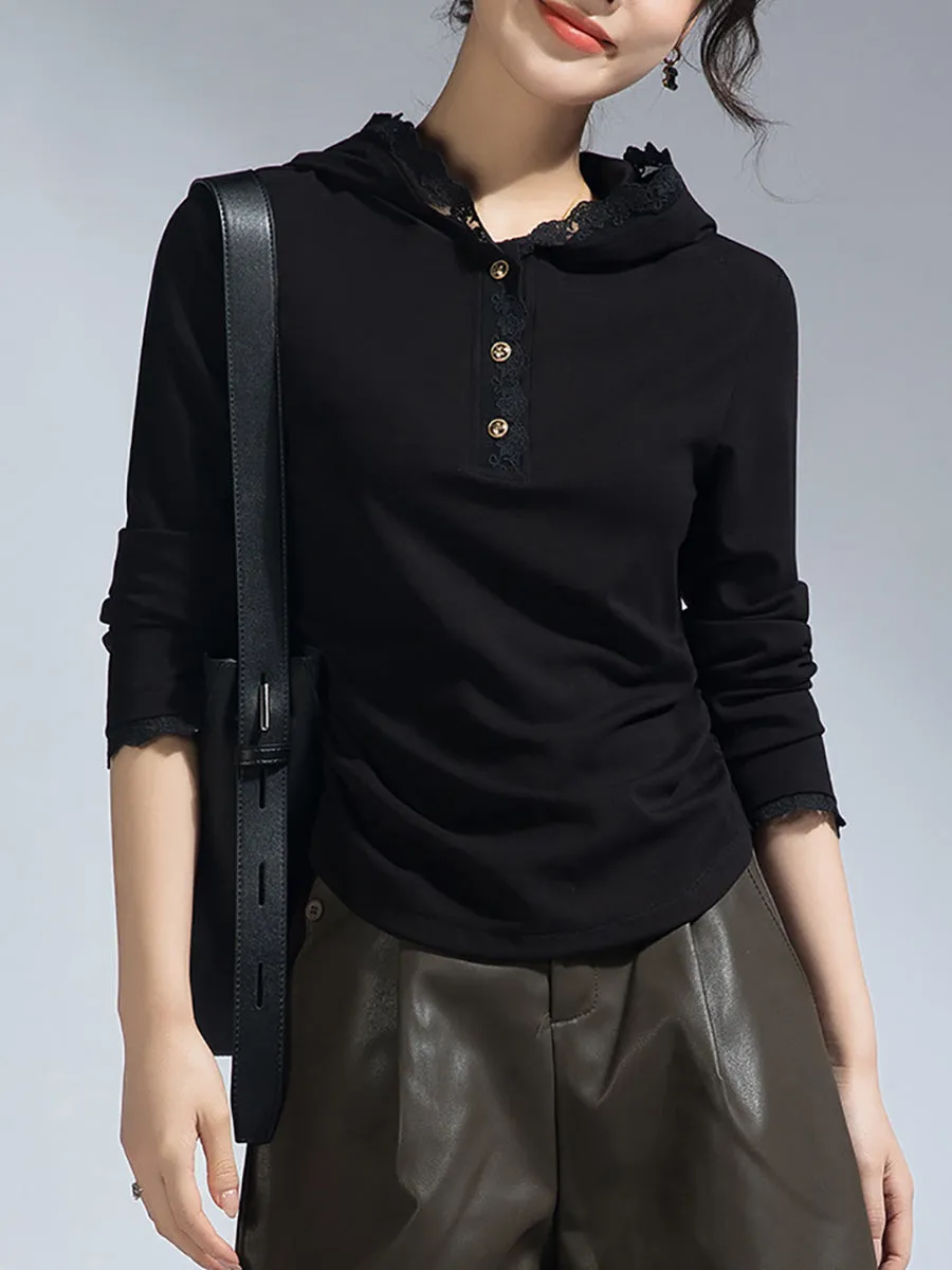 Women Spring Pure Color 100%Cotton Lace Hooded Shirt