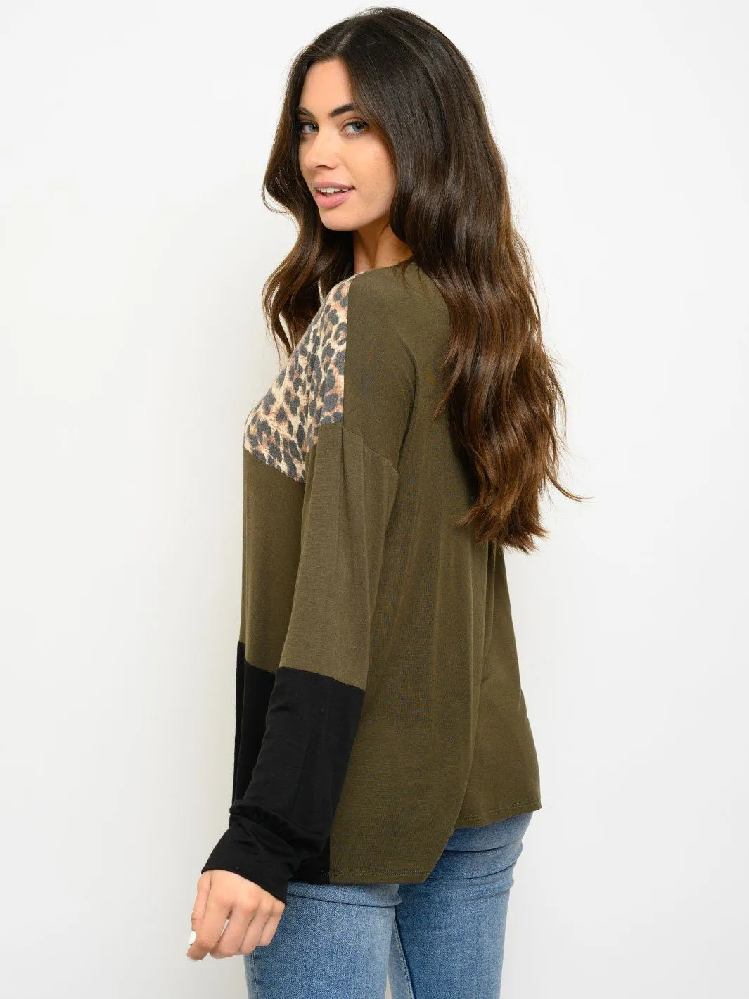 WOMEN'S ANIMAL PRINT COLOR BLOCK LONG SLEEVE TOP